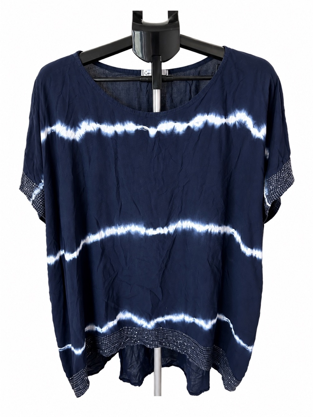 Gigi Moda Women's 2X Navy Blue Tie-Dye Oversized Tunic Top Sequin Trim Coastal